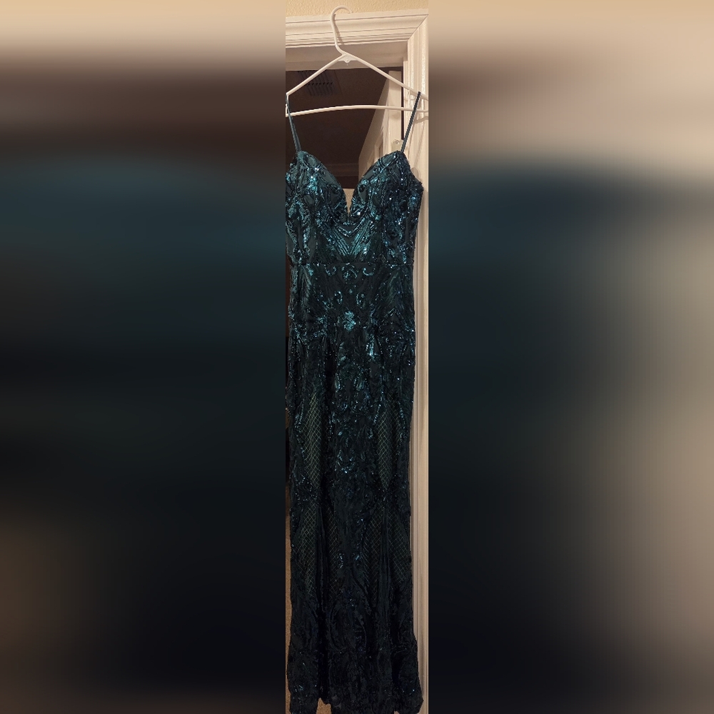 Teal Sequin Spaghetti Strap Evening Gown
